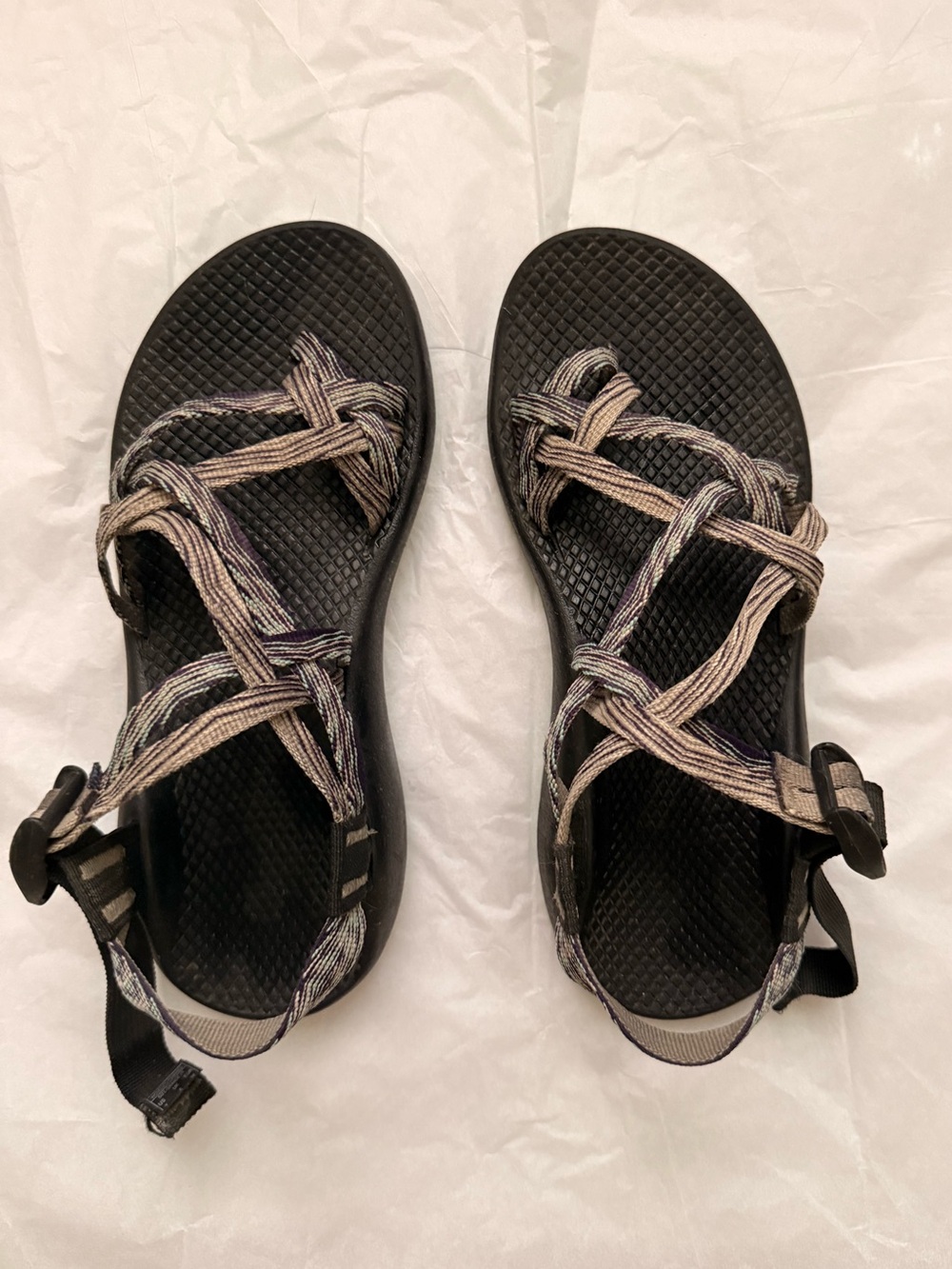 Women's Strappy Chacos - Black with green and purple straps